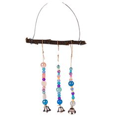 a wind chime with beads and bells hanging from it