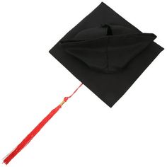 a black graduation cap with a red tassel hanging from it's side, on a white background