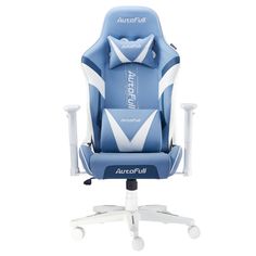 an office chair with blue and white colors