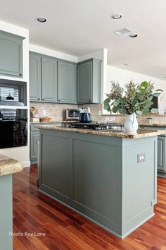 a kitchen with gray cabinets and wood flooring is pictured in this image, the island has a potted plant on it