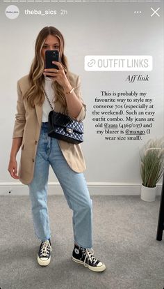 Work Outfit Converse, Outfits With Cream Blazer, Comfy Business Casual Outfits Work, Casual Work Outfits With Tennis Shoes, Converse Work Outfit, Beige Sneakers Women Outfit, Black Converse Outfit Summer, Cream Blazer Outfits For Women, Tan Blazer Outfit