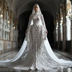 a woman in a white wedding dress with long veil