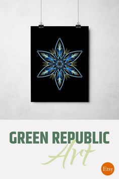 a poster with the words green republic art on it and an image of a blue flower