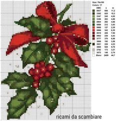 a cross stitch pattern with red flowers and green leaves on the bottom half of it