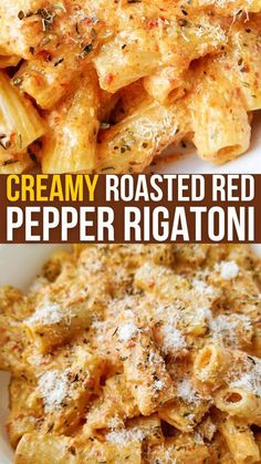 creamy roasted red pepper rigatoni pasta with parmesan cheese