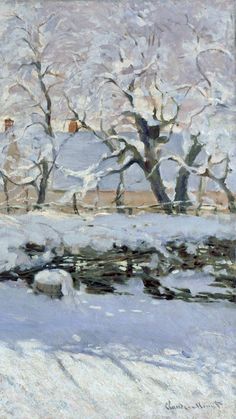 a painting of snow covered trees in front of a house and fenced in yard