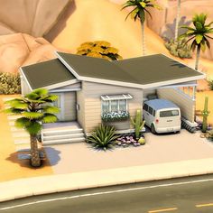 a small house with a car parked in front of it and palm trees on the other side