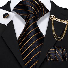 Free Shipping&What You Get: Tie, Pocket Square & Cufflinks &Lapel Pin SIZE: Approx. 59" Long, 3.35" Wide at the Tip, Pocket Square Size: 9"x 9" Black And Gold Outfit Classy Men, Black And Gold Suit Men Prom, Black Suit Gold Tie, Black And Gold Suit Men, Black And Gold Suits, Tie Pins Mens, Men's Ties, Tie Men