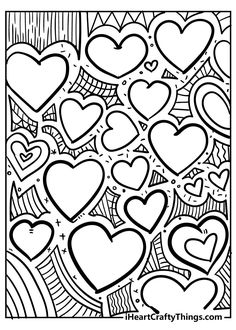 hearts coloring page for valentine's day with lots of hearts in the middle and on top