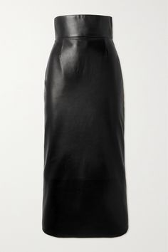 Alexander McQueen's midi skirt is crafted from supple black leather with a wide, high-rise waistband. It's designed for a body-skimming fit and has a split at the back for ease of movement. Style yours with a tucked-in turtleneck or tailored shirt. Designer Fitted Leather Skirt, Luxury Chic Leather Pencil Skirt, Luxury Leather Elegant Skirt, Luxury Fitted Leather Skirt, Luxury Black Leather Skirt, Alexander Mcqueens, Leather Midi Skirt, Sports Trousers, Black Midi Skirt