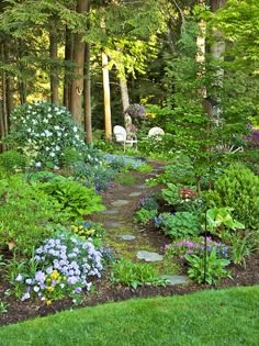 a garden with lots of flowers and trees