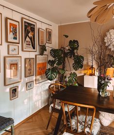 a dining room table with chairs and pictures on the wall above it, along with potted plants