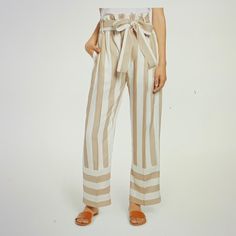 J.Crew Point Sur Stripe Paperbag Waist Pants Size 2, 28” Inseam, 20” Leg Opening, 15” Front Rise Drapey Fit, High Waist, Paperbag Tie Waist, Pockets Beige And White Stripe Pattern Summer White Pants With Belt Loops, Spring Striped Pants With Belt Loops, White Summer Pants With Belt Loops, White Bottoms With Tie Waist For Day Out, Spring Beige Pants With Tie Waist, White Cotton Pants With Tie Waist, Beige Tie Waist Pants For Spring, Striped Spring Pants With Belt Loops, Summer Daywear Pants With Belt Loops