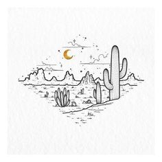 a drawing of a desert with cacti and the moon in the sky above it