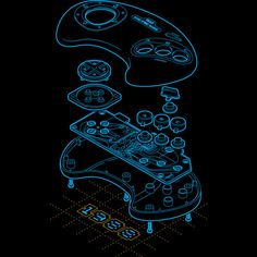 a drawing of a video game controller in neon blue on a black background with the words,