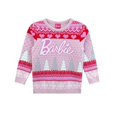 Sparkling glitter tree designs on a festive Barbie jumper - perfect for your Christmas celebrations! 100% cozy acrylic with an official Barbie logo tag, and a sassy plain pink back just for you! Twirl into the festive season with this Barbie Christmas jumper, splashed with fun pink, red, and white patterns! With glittering tree details, they'll shine brighter than any Christmas light. Snug long sleeves keep you toasty all winter, This Barbie Christmas sweatshirt is perfect for any fashionista to Pink Barbie Logo, Barbie Sweatshirt, Barbie Christmas, Knitted Christmas Jumpers, Barbie Gifts, Barbie Top, Xmas Jumpers, Barbie Logo, Christmas Barbie