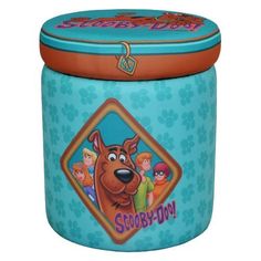 the scooby - doos cookie tin is blue and has an orange lid