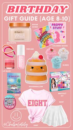 the birthday gift guide age 8 - 10 is on display in front of a pink background