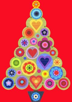 a colorful christmas tree on a red background with hearts and flowers in the shape of an ornament