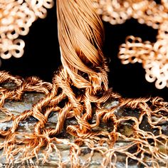 a close up view of some kind of wire on a piece of wood and rocks