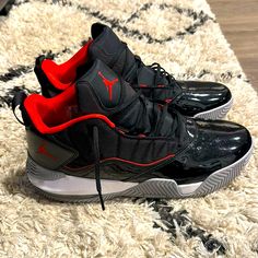 Great Condition. Almost Brand New. Only Had Them For A Year. Sporty Black Jordan Shoes With Red Sole, Casual Black Basketball Shoes With Red Sole, Black Synthetic Basketball Shoes With Cushioned Footbed, Black Jordan Shoes With Red Sole For Streetwear, Black Synthetic Jordan Shoes With Rubber Sole, Black Jordan Shoes With Red Sole, Black Basketball Shoes With Red Sole For Streetwear, Red And Black Jordans, Jordan Shoes Red