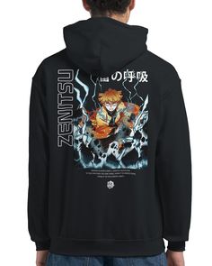 Anime Zenitsu Agatsuma Demon Slayer Hoodie Designs by ComplexsClothing A heavy blend hoodie. Crafted from a soft blend of 50% cotton and 50% polyester. Features a double-lined hood with matching drawstring. The fabric's air jet yarn offers a softer feel and reduces pilling. Includes a front pouch pocket, and rib knit cuffs and waistband with spandex. Hoodie Anime Character, Anime Zenitsu, Demon Slayer Hoodie, Gift For Anime Lover, Anime Lover, Anime Hoodie, All Anime, Air Jet, Hoodie Design