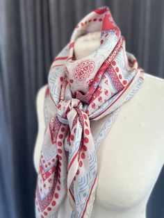 This is a extra large versatile silk scarf from Marks and Spencer.  Each corner is adorned with a beautiful blue white and red tassel. These tassels add a new dimension to the scarf but also adds weight to each corner to enable it to hang nicely.  Machine edge finished.  In perfect condition.  100% silk.  107cm x 109cm  Please loo at my other scarves added to my store weekly. Follow on Instagram for more @Modestefinds Aztec Print Scarf, Embroidered Scarf, Chunky Scarves, Blue Tassel, Tie Headband, Tassel Scarf, Red Tartan, Lightweight Scarf, Scarf Gift