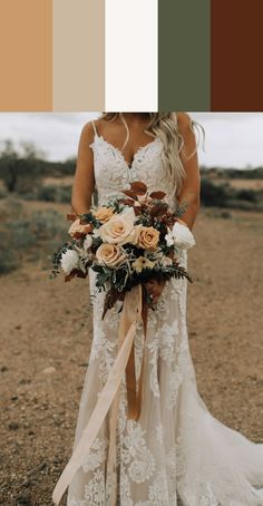 a woman in a wedding dress holding a bridal bouquet with peach and white flowers