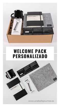 the welcome package for personalized items is shown in an open box with coffee mug, notebook