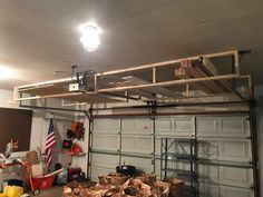 a garage filled with lots of boxes and tools