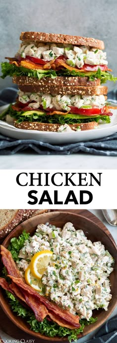 chicken salad with lettuce, tomatoes and bacon in a sandwich cut in half