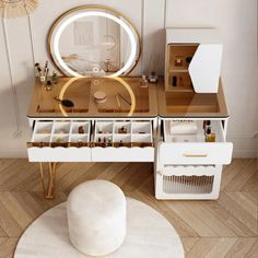 a white vanity with drawers and a mirror on the wall above it in a room