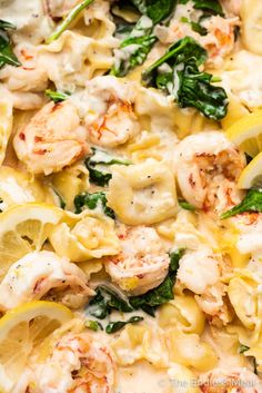 closeup of pasta with shrimp, spinach and lemon wedges