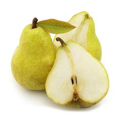 two pears with one cut in half and the other whole