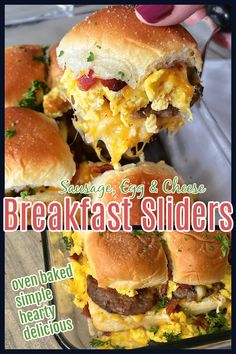 the cover of breakfast sliders with bacon, egg and cheese on them is shown