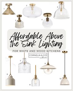 the light fixtures are all in different colors and sizes, including white and wood kitchen lights