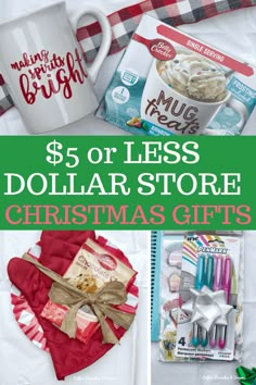 dollar less dollar store christmas gifts with text overlay