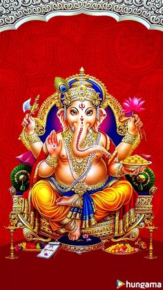 an image of the god ganesha on a red background with gold trimmings