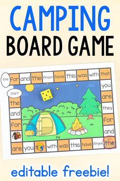 a printable camping board game for kids with the words, editible freebie