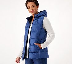 Yes, this quilted vest is supremely stylish and completes your fave fall looks. But it's also water-resistant and is fashioned with a removable hood -- making it just about perfect when you get caught in a little unexpected precipitation. From Susan Graver.  Original item is A547214. This product may be a customer return, vendor sample, or on-air display and is not in its originally manufactured condition. It may not be new. In some instances, these items are repackaged by QVC. Parker Coat, Warm Down, Susan Graver, Coat Winter, Quilted Vest, Fall Looks, Black Trim, Puffer Coat, Retro Dress