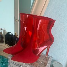 Mackin J Red Suede And Translucent Booties Never Actually Worn Size 7 Original Price $65 Glamorous Red High Heel Boots, Glamorous Red Boots For Night Out, Red Ankle-high Heels For Night Out, Red Ankle Boots For Night Out, Red Heels For Winter Night Out, Red Glamorous Boots, Red Casual Party Boots, Red Heels For Night Out In Winter, Casual Red Party Boots