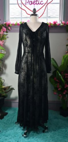 Black Penny Maxi dress with Flocked Spiderwebs – Wax Poetic Clothing Spiderweb Dress, Waxing Poetic, Wardrobe Update, Heart Button, Velvet Lace, Velvet Ribbon, Black Mesh, Spider Web, Flocking