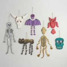 there are five skeleton ornaments hanging on the wall in different colors and sizes, each with an individual's own skull ornament