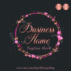 business name tagline with pink flowers on black background