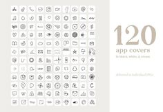 the 120 app covers are shown in black and white, with different symbols on them