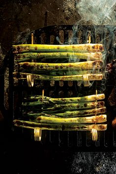 an artistic photograph of asparagus being grilled on a grill in the dark