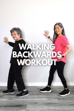 two people standing next to each other with the words walking backwardss workout over them