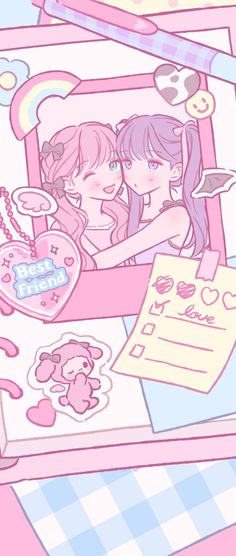 two girls in a pink box with stickers on it