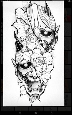 a drawing of two masks with flowers on it