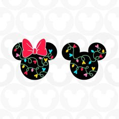 mickey and minnie mouse ears with bows on their heads, both decorated with christmas lights